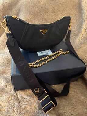 Prada Re-Edition Black Nylon and Leather Crescent Shoulder Bag w/removable strap